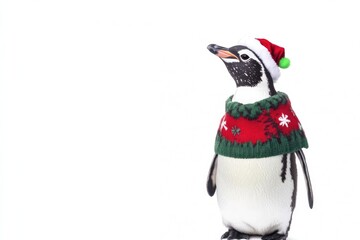 Obraz premium Festive Penguin in Holiday Sweater and Santa Hat - Winter Celebration Design