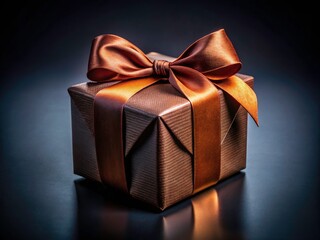 Obraz premium Elegant Gift Box with Brown Ribbon on Black Background - Perfect for Celebrations, Birthdays, and Special Occasions, Ideal for Stock Photos and E-commerce Displays