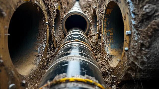 A large black pipe is being lowered into a trench