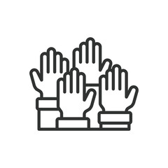 Raised hands, icon in line design. Raised hands, hands up, group participation, community support, teamwork, solidarity, unity symbol on white background vector. Raised hands editable stroke icon