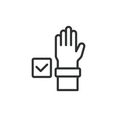 Voting hand, icon in line design. Voting, gesture, voting symbol, ballot, raised hand, election hand, decision gesture on white background vector. Voting hand editable stroke icon