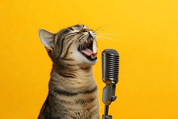 Funny tabby cat singing with a vintage microphone on a vibrant yellow background