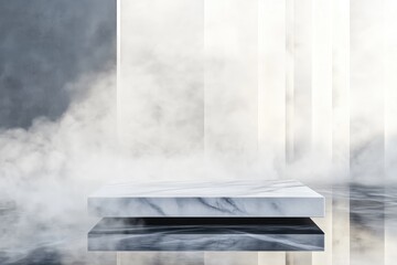 Minimalistic Marble Platform in Misty Atmosphere for Product Display