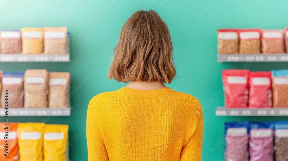 Poster consumer standing in front of a shelf of various cereal brands carefully examining and comparing the