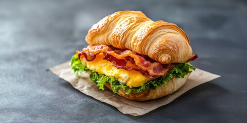 Breakfast croissant with eggs, bacon, and cheese in morning light