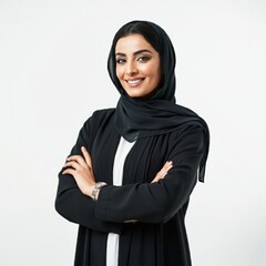 a close-up of a smiling Saudi Arabian Gulf woman wearing the hijab looking somewhere with gestures of self-confidence and joy, the concept of femininity and softness among Saudi women