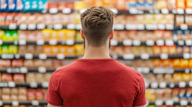 Consumer standing in front of a shelf full of various cereal brands in a supermarket carefully examining the options with a deep depth of field effect in the background