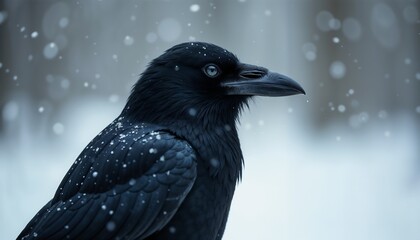 Black raven in snowfall with blurred winter background