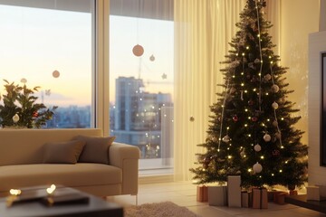 Cozy Living Room with Decorated Christmas Tree at Sunset for Holiday Warmth and Ambience