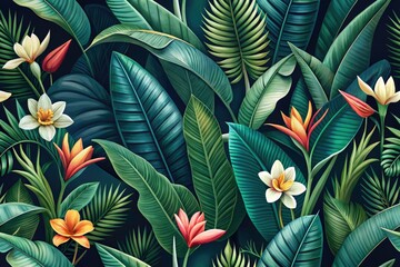 Exotic Tropical Flowers and Dark Green Leaves Seamless Pattern for Luxurious Wallpaper Design