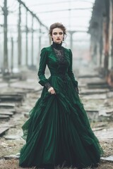 Naklejka premium Elegant woman in a vintage green gown stands confidently in an abandoned industrial setting during overcast weather