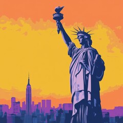A vibrant illustration of the Statue of Liberty against a colorful skyline.