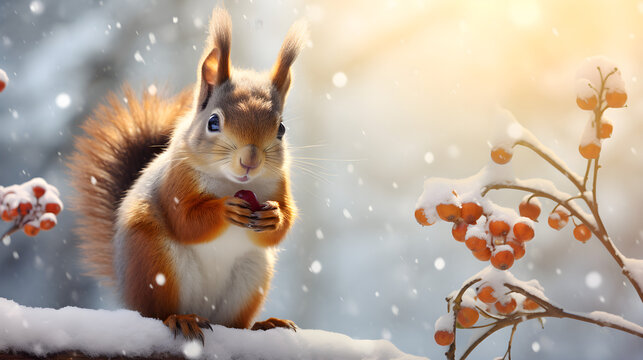 Portrait of a beautiful red squirrel with a nut in its paws on a viburnum branch in the middle of a winter landscape. - Powered by Adobe