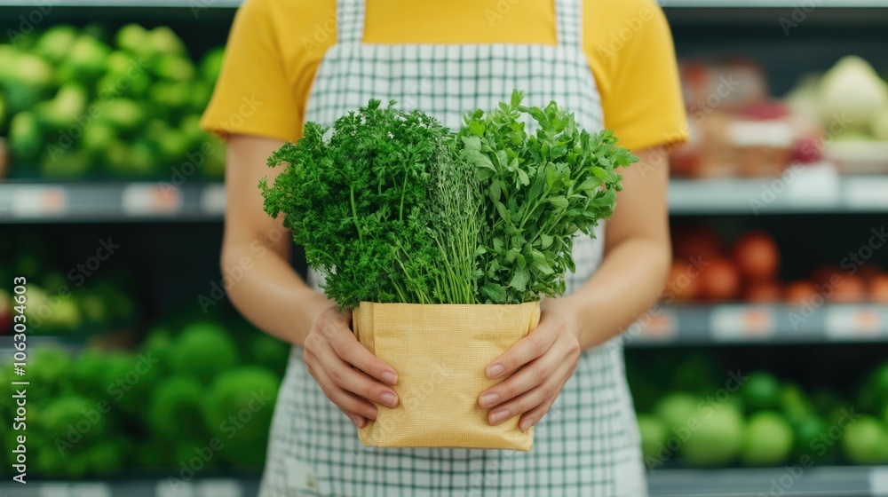 Poster consumer carefully selecting fresh herbs from the produce section of a grocery store with a deep dep