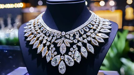Luxurious diamond necklace with intricate detailing on display in jewelry store. Symbol of elegance and opulence in high-end fashion