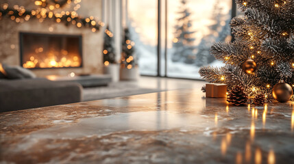 A cozy interior, decorated with New Year's garlands, glowing lights and colorful balls, with a beautifully decorated Christmas tree in the corner, creating a magical atmosphere of celebration and warm
