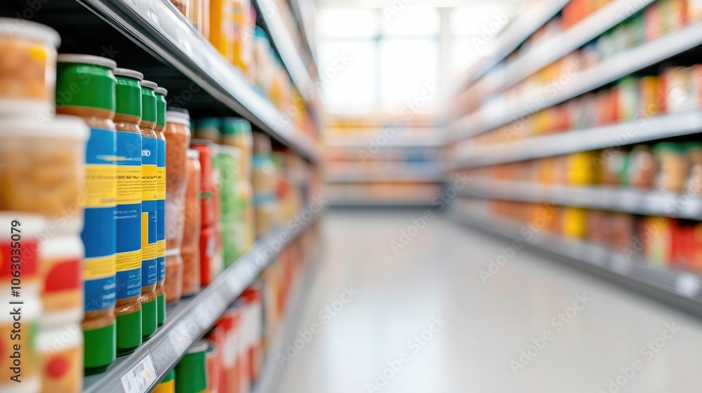 Poster captivating image of a supermarket aisle brimming with a diverse array of packaged meals and drinks 