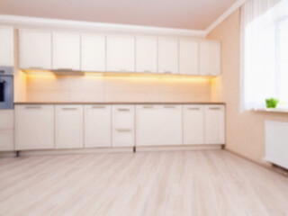 明るく 広い キッチン スペース の ショールーム イメージ 【 被写界深度 で ボケた 表現 】