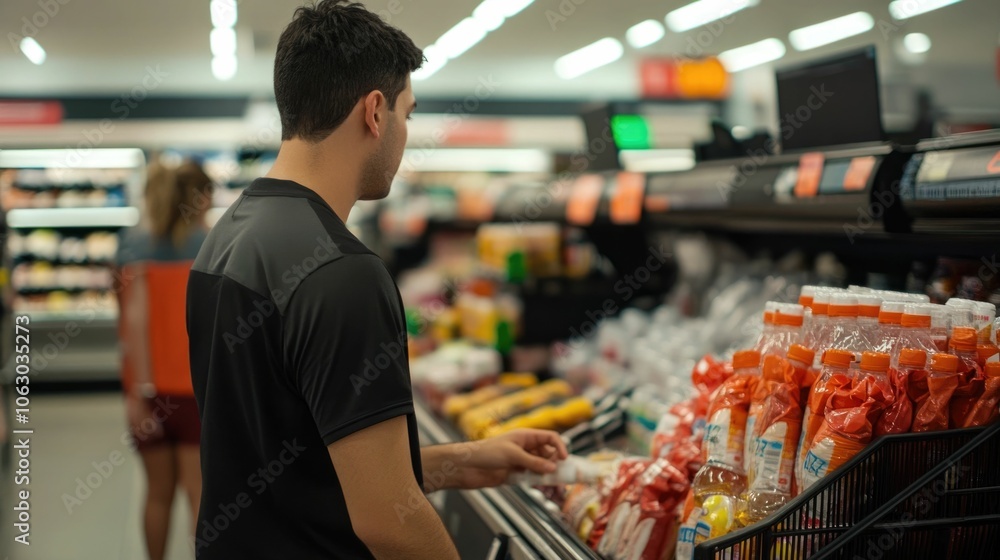 Poster shoppers grabbing a variety of convenience items like bottled water and snacks near the checkout lan