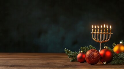 Menorah with Burning Candles and Christmas Ornaments on Wooden Table