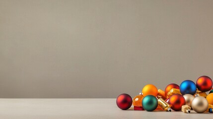 Christmas Ornaments on White Table with Beige Background