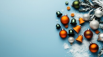 Christmas Ornaments Baubles Bells Snow Blue Background