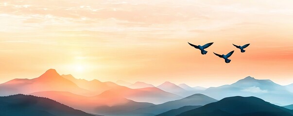Naklejka premium Scenic view of mountains with birds flying during sunset.