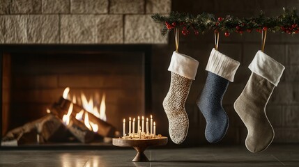Christmas Stocking by Fireplace with Candles
