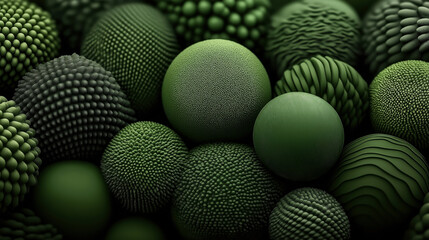 Abstract image of various textured green spheres with intricate surface patterns resembling microscopic organic structures or biological cells in close-up view.