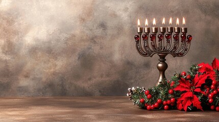Menorah with Christmas Decorations and Copy Space