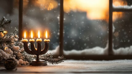 Cozy Winter Windowsill with Candles and Pine Branches