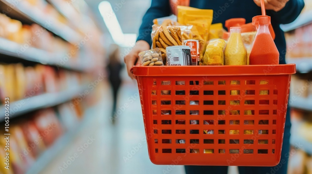Poster shopper filling basket with variety of convenience products such as snacks drinks and hygiene items 