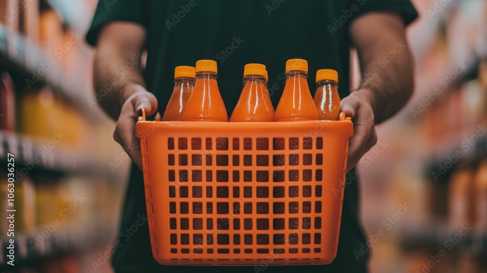 Poster shopping basket filled with a variety of convenient snacks drinks and hygiene products displayed in 