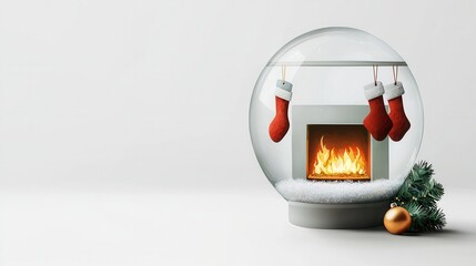 Christmas Fireplace Snow Globe with Stockings and Ornament