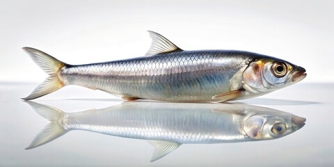 Obraz premium Low Light Photography of a Small Silver Herring Fish on White Background, Capturing Intricate Details and Textures in a Minimalist Style