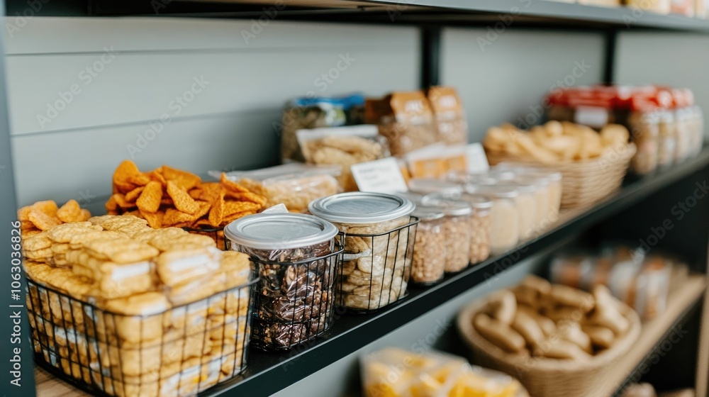 Poster retail display showcasing an assortment of convenience items such as energy bars snacks and personal