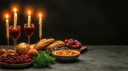 Festive Hanukkah Table Setting with Candles  Wine  Challah  and Sufganiyot