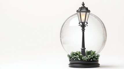 Snow Globe with Illuminated Street Lamp and Pine Branches