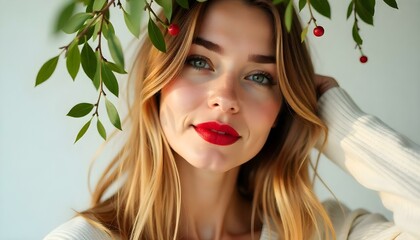 Naklejka premium Woman wearing bright red lipstick standing under Christmas mistletoe isolated on a white background with copy space