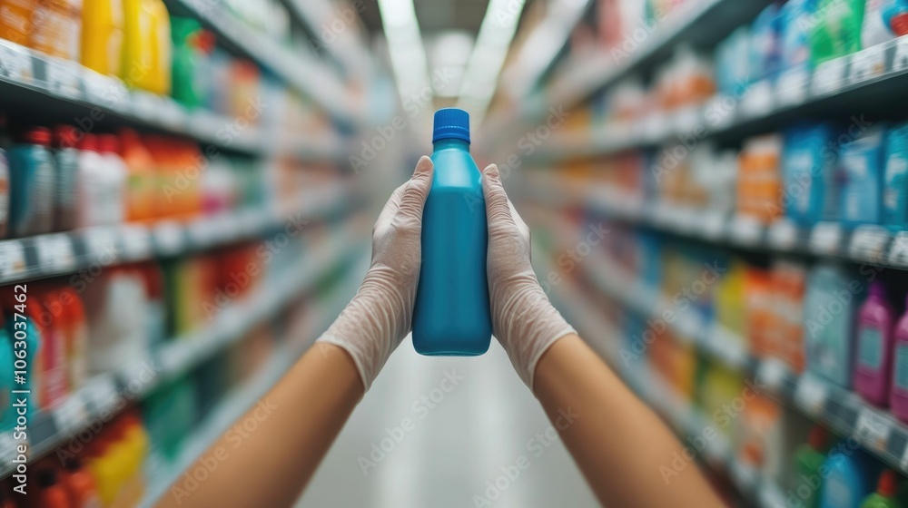 Poster close up view of a consumer s hand reaching to grab a bottle of dish soap from the shelves in the ho