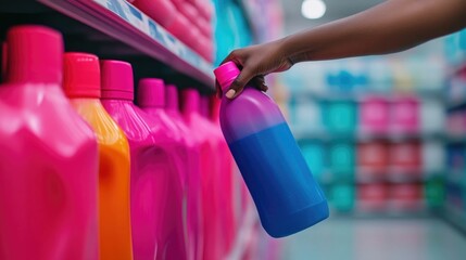 Consumer Reaching to Grab a Bottle of Dish Soap from the Household Essentials Aisle in a Supermarket with a Deep Depth of Field Effect Blurring the Background
