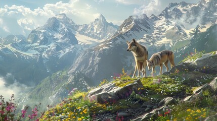 Obraz premium Two wolves stand on a mountain peak overlooking a valley with snow-capped mountains in the background.