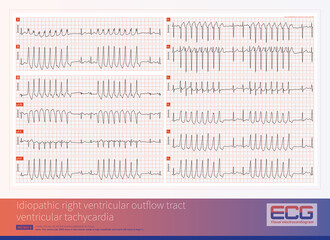 Idiopathic ventricular tachycardia originating from the right ventricular outflow tract is a benign ventricular tachycardia. This ECG shows a short burst  pattern of ventricular tachycardia.