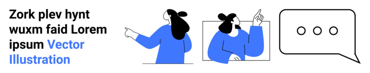 Two stylized characters, one pointing and the other gesturing, alongside text elements and a speech bubble. Ideal for education, presentations, marketing, tutorials, communication, online learning