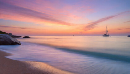 A serene seascape at sunset, with a sailboat silhouetted against a vibrant sky and gentle waves lapping at the shore