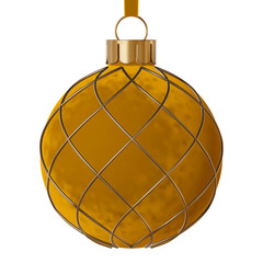 Yellow vector realistic velvet Christmas ball ornament. Festive bauble with gold crisscross diagonal decor, isolated on a white background.