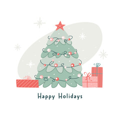 Fototapeta premium Christmas tree and gift boxes in festive wrapping paper with ribbon and bows. Trendy flat vector illustration in modern style.