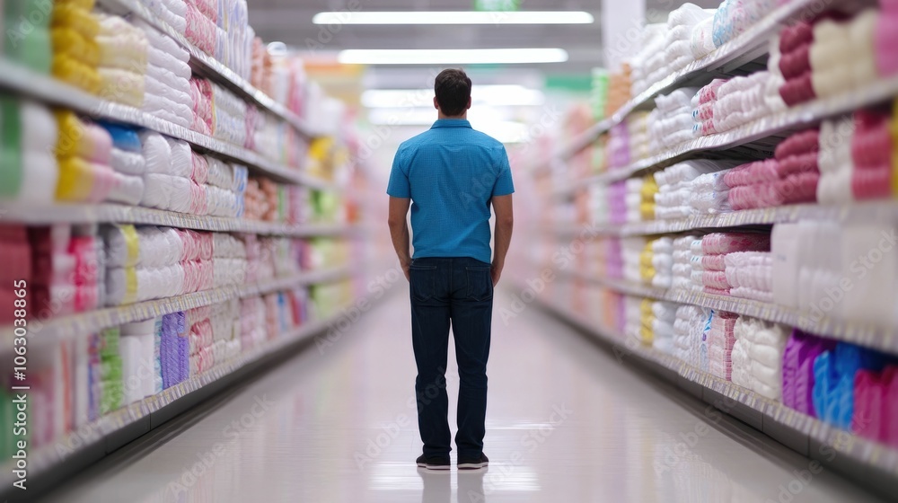 Poster blurred image of a shopper browsing the supermarket aisle filled with a selection of household paper