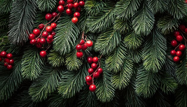 Christmas tree banches and red berries background