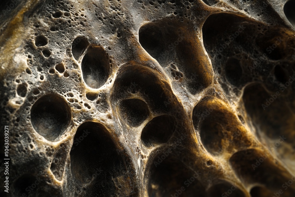 Poster an intricate portrayal of a porous rock surface, featuring honeycomb-like textures, capturing nature